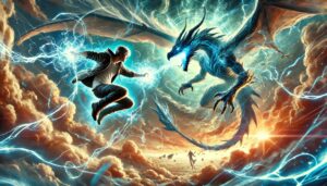 Ein junger Mann kämpft in der Luft mit einem elektrischen Drachen, beide umgeben von Blitzen, während unter ihnen eine fremdartige Landschaft liegt.