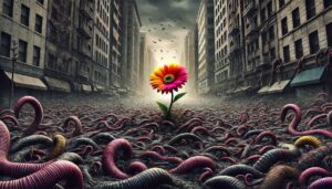 Eine bunte, lebendige Blume wächst einsam aus einer endlosen Masse kriechender Würmer auf einer verlassenen Stadtstraße empor.