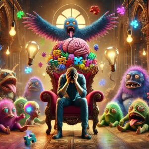 Ein Mann hält verzweifelt seinen Kopf in den Händen, während farbenfrohe Monster, Gehirnteile und Puzzlestücke um ihn herumwirbeln.