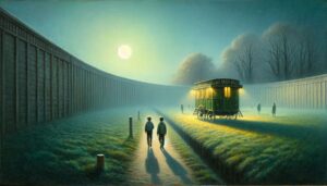Ein geheimnisvoller nächtlicher Ort, umgeben von einer hohen, endlosen Mauer, die sich im Nebel verliert. Zwei Kinder gehen auf einem schmalen Pfad auf einen alten, nostalgischen Wagen zu, der in einem blassen Mondlicht leuchtet. Der Wagen trägt die Aufschrift „Das berühmte Beers“, während mehrere schemenhafte Gestalten in der Ferne umherwandern. Die Szene strahlt eine ruhige, aber zugleich unheimliche Atmosphäre aus, als ob etwas Rätselhaftes auf die Besucher wartet, verborgen in der sanften Melancholie der Nacht.