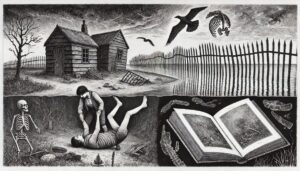 Eine schwarz-weiße Illustration mit einem alten Haus, Krähen, einem Skelett und einer Person, die eine Leiche im Boden vergräbt.