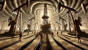 Eine surreale, dystopische Landschaft voller massiver Ölpumpen, die sich wie riesige mechanische Wesen in die Höhe erstrecken. In der Mitte steht eine dominante Bohrplattform, über der ein gewaltiger, spiralförmiger Wolkenstrudel den Himmel verdunkelt. Umgeben von langen Schatten stehen mehrere identisch gekleidete Arbeiter regungslos und scheinbar andächtig, als würden sie einer rituellen Zeremonie beiwohnen. Die Szene wirkt apokalyptisch und symbolisiert eine fast kultische Verehrung der Ölindustrie, während der Himmel die Bedrohung eines drohenden Unheils andeutet.