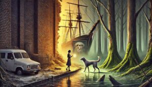Ein altes Segelschiff steckt zwischen hohen Bäumen, ein Hund und eine Frau mit einem Spiegel stehen davor. Das Porträt eines Hundes ist auf dem Schiffsrumpf zu sehen.