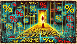 Eine knallige Radierung mit bunten Prozentzeichen, die in der Luft schweben. In der Mitte steht eine dunkle Silhouette vor einer offenen Tür, aus der Licht strömt. Bruchstücke von Wörtern wie „Wohlstand“ und „Psychologie“ sind erkennbar.