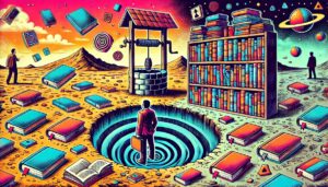In einer surrealen Wüstenlandschaft mit schwebenden Büchern, geometrischen Symbolen und Planeten steht ein Mann mit Aktenkoffer am Rand eines spiralförmigen Abgrunds. Ein Ziehbrunnen, ein riesiges Bücherregal und mehrere andere Figuren sind über die Szenerie verteilt. Der Himmel ist in leuchtenden Farben gehalten. Der Stil erinnert an Pop-Art oder psychedelische Comics.