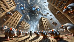 Inmitten einer futuristischen Stadt mit schräg stehenden Hochhäusern dringen riesige Ratten auf eine zentrale Figur im Mantel zu, die auf ein gigantisches, mechanisches Wesen mit leuchtenden blauen Augen und Greifarmen am Himmel zeigt. Weitere Ratten schweben durch die Luft, während der Himmel von Licht durchflutet ist. Eine apokalyptisch-surreal anmutende Szene.