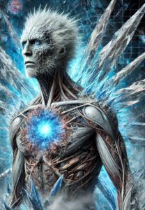 Eine humanoide Kreatur mit gefrorenem Gesicht, eisigen Stacheln am Körper und einer leuchtenden blauen Energiequelle in der Brust.