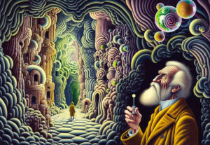 Ein surreales, labyrinthartiges Tunnelgewölbe mit organischen, spiralförmigen Strukturen in grünen und violetten Farbtönen. Ein alter Mann mit weißem Bart, gekleidet in einen gelben Mantel, betrachtet nachdenklich eine leuchtende Kugel in seiner Hand. Im Hintergrund geht eine andere Gestalt in einen fernen, lichtdurchfluteten Bereich des Tunnels. Über dem alten Mann schweben mysteriöse Blasen mit verschlungenen Mustern. Die Szene vermittelt das Gefühl einer tiefen, introspektiven Reise zwischen Wissenschaft, Bewusstsein und Traumwelt.
