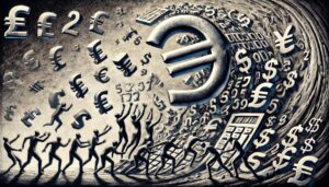 Surreale Illustration von menschenähnlichen Figuren, die gegen einen wirbelnden Strudel aus riesigen Währungssymbolen und Zahlen kämpfen, was finanzielle Abhängigkeit und Überforderung symbolisiert.