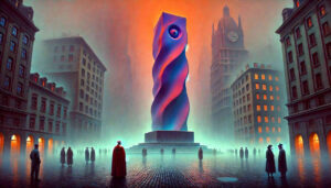Eine neblige Stadt mit hohen Gebäuden, in deren Mitte ein riesiger, spiralförmiger Monolith mit einem einzigen Auge steht. Menschen in Mänteln versammeln sich um das monumentale Gebilde.
