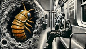 Eine riesige Kakerlake erscheint aus einer dunklen Höhle, während ein Mann in einem alten U-Bahn-Wagen nachdenklich raucht.