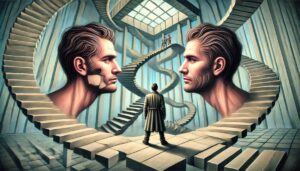Eine surreale Szene mit einem Mann, der zwischen zwei riesigen Spiegelbildern seines eigenen Gesichts in einer endlosen spiralförmigen Treppe steht.