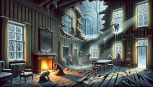 Ein halb zerstörtes Haus, das dem Winter offensteht. Menschen im Inneren versuchen verzweifelt, sich an einem Kaminfeuer zu wärmen, während andere Eindringlinge eindringen oder bereits erfroren sind.