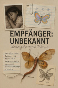 Collage mit dem Titel „Empfänger: Unbekannt – Weitergabe durch Träume“. Zu sehen ist ein schlafendes Kind, eine Kinderzeichnung eines bunten Schmetterlings, ein Text über Träume von Wesen mit Regenwurmkörpern und Schmetterlingsflügeln, ein präpariertes Mischwesen aus Regenwurm und Schmetterling sowie eine wissenschaftlich anmutende Zeichnung desselben.