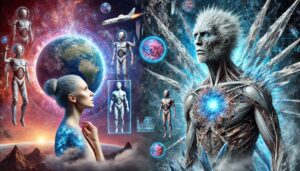 Futuristische Szene mit humanoiden Wesen und kosmischen Elementen, die den Übergang von menschlicher Existenz zu einer transzendentalen, außerirdischen Lebensform symbolisiert.
