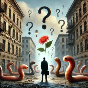 Ein Mann steht verloren inmitten riesiger Würmer und schwebender Fragezeichen in einer heruntergekommenen Stadt. Über ihm wächst eine große rote Blume als Zeichen der Hoffnung.