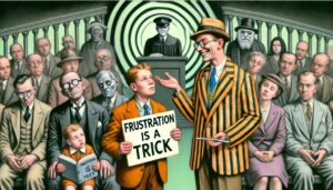 In einem surrealen Gerichtssaal hält ein Mann mit gestreiftem Anzug eine Rede, während ein Junge ein Schild mit der Aufschrift „FRUSTRATION IS A TRICK“ hochhält. Die Jury wirkt düster und skeptisch.