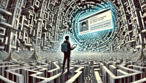 Ein junger Mensch mit einem Laptop steht vor einer gigantischen, labyrinthartigen Datenstruktur, in der eine digitale Identität schwebt.