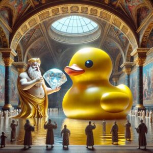 Ein prunkvoller Palastsaal mit einem überdimensionalen goldenen Gummienten-Gott, während ein Zeus-ähnlicher Charakter einen riesigen Diamanten hält.