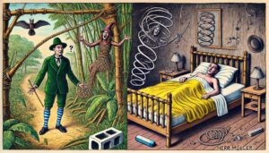 Ein surrealer Comic-Stil: Links ein Mann im Dschungel mit einer gefangenen Frau, rechts derselbe Mann in seinem Bett, geplagt von einer alptraumhaften Spirale.