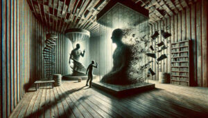 Ein surrealer, düsterer Raum mit hölzernen Wänden und Boden, in dem sich zwei monumentale Figuren befinden. Auf der rechten Seite sitzt eine gigantische, regungslose Gestalt in einem gläsernen Käfig, ihr Körper beginnt sich in Staub aufzulösen, während Bücher und Fragmente um sie herum in die Luft wirbeln. Links steht eine zweite Statue in einer überdimensionalen Sanduhr, ihr Körper scheint aus spiralförmigem Sand zu bestehen. Eine kleine, menschliche Silhouette steht zwischen den beiden, als würde sie sie herausfordern oder anklagen. Die gesamte Szene wirkt wie eine allegorische Darstellung von Vergänglichkeit, Schuld und dem Verfall des Geistes.