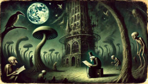 Eine düstere, surreale Landschaft unter einem unheimlich leuchtenden Vollmond. Im Zentrum ragt ein zerfallener, gotischer Turm mit zahllosen Fenstern empor, während groteske, gebückte Gestalten mit leeren Augenhöhlen zwischen riesigen, verdrehten Pilzen umherwandern. Ein alter Mann mit Zylinder sitzt auf einem Hocker und liest ein großes Buch, während ein anderer mit spitzen Zügen ebenfalls in ein Schriftstück vertieft ist. In der Luft schweben geisterhafte Wesen, während ein Rabe auf einem verdrehten Ast lauert. Die gesamte Szene strahlt eine albtraumhafte, fast absurde Melancholie aus.