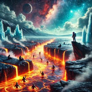 Humanoide Wesen baden in einem glühenden Lavafluss, während ein Astronaut auf einer Klippe über ihnen steht und eine ferne Galaxie am Himmel leuchtet.