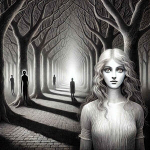 Ein unheimlicher, schwarz-weißer Waldweg, gesäumt von kahlen, verworrenen Bäumen, die lange Schatten werfen. Im Vordergrund steht eine junge Frau mit leuchtenden Augen und langen, gewellten Haaren, ihr Gesicht ausdruckslos und geisterhaft. Im Hintergrund tauchen dunkle, gesichtslose Gestalten aus dem Nebel auf und scheinen sich langsam auf den Betrachter zuzubewegen. Der Weg führt in eine gleißende Lichtquelle in der Ferne, während die Atmosphäre zwischen Traum und Albtraum zu schweben scheint.