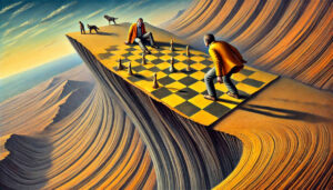 Zwei Männer spielen Schach auf einem riesigen, freischwebenden Brett, das über einer surreal geformten Landschaft hängt. Zwei Hunde beobachten die Partie, während die Schachfiguren in einer merkwürdigen Anordnung stehen.