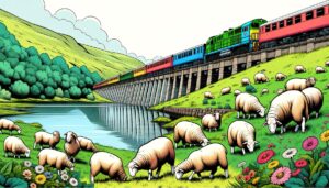 Eine idyllische Landschaft mit grünen Hügeln, einem ruhigen Fluss und zahlreichen Schafen, die friedlich auf der Wiese grasen. Im Hintergrund fährt ein bunter Zug mit roten, blauen und gelben Waggons über eine hohe Eisenbahnbrücke, die sich über das Wasser erstreckt. Der Himmel ist klar, und die Szene strahlt eine ruhige, zeitlose Atmosphäre aus, als ob Natur und Technik harmonisch nebeneinander existieren.