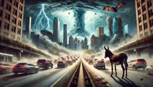 Eine düstere Stadt mit einem gewaltigen Tornado, Blitzen, zerstörten Wolkenkratzern und einem stoisch blickenden Esel mitten auf der Autobahn.