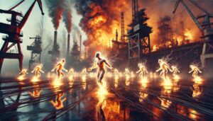Glühende, humanoide Wesen aus Energie tanzen vor einer brennenden Industrielandschaft mit rauchenden Schloten und riesigen Kränen.