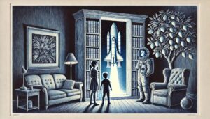 In einem Wohnzimmer öffnet sich ein Bücherregal und gibt den Blick auf eine startende Rakete frei. Zwei Kinder und ein Astronaut beobachten die Szene, während ein Zitronenbaum daneben wächst.