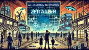 Eine Menschenmenge blickt auf eine futuristische Stadt mit schwebenden UFOs und großen digitalen Anzeigetafeln, auf denen „WILLKOMMEN IM TAUSENDSTEN ZEITALTER“ steht.