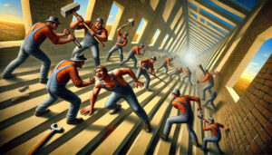 Ein surrealistisches Bild zeigt eine endlose, verzerrte Architektur mit schrägen Treppenstufen und Fenstern, durch die ein sonniger Himmel zu sehen ist. Mehrere identisch gekleidete Arbeiter in blauen Overalls und Hüten kämpfen brutal gegeneinander mit Hämmern, Stangen und Werkzeugen. Einer von ihnen blickt panisch nach vorne, während ein anderer ihn angreift. Die Szene vermittelt ein Gefühl von endlosem Konflikt und Ausweglosigkeit, verstärkt durch die perspektivische Unendlichkeit der Struktur.