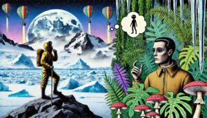 Eine Collage aus zwei Welten: Ein Polarforscher mit heißluftballonartigen Raketen im Hintergrund, gegenüber ein mysteriöser Mann mit riesigen Augen im Dschungel, der an Aliens zu denken scheint.