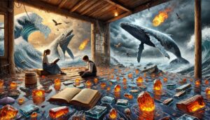Ein surrealistisches Gemälde zeigt eine traumartige Szene, in der eine halb zerfallene Hütte nahtlos in eine stürmische Meereslandschaft übergeht. Eine Frau und ein Mann sitzen im Inneren der Hütte und blättern in einem alten Tagebuch, während geisterhafte Meerestiere und schimmernde Bernsteinfragmente um sie schweben. Der Boden unter ihnen löst sich in das tosende Wasser auf, das sich mit Flammen vermischt. In der Ferne ragen riesige Wale aus dem aufgewühlten Meer, ihre Körper scheinen gleichzeitig in der Luft und unter Wasser zu existieren. Die Szene wirkt wie eine Verschmelzung von Realität und Traum.