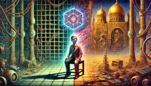 Ein Junge sitzt zwischen einer düsteren mechanischen und einer goldenen orientalischen Welt. Über ihm schwebt ein mystisches Würfelgebilde, das symbolisch seine Verbindung zu beiden Welten darstellt.