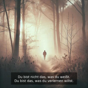 Ein Mann geht einen nebeligen Waldweg entlang.