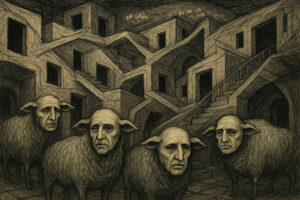 Surreale Szene mit Schafen, deren Gesichter menschlich und ausdruckslos sind. Im Hintergrund ein Labyrinth aus Treppen und Gebäuden ohne Orientierung.