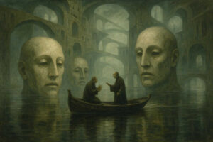 Zwei Männer diskutieren in einem Ruderboot auf einem stillen Wasser, umgeben von riesigen steinernen Köpfen und surrealen Architekturgebilden.