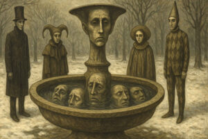 In einem verschneiten Park steht ein Brunnen mit melancholischen Gesichtern im Wasser, umgeben von rätselhaften, maskierten Gestalten.