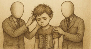 Illustration eines traurigen Kindes, das ein einschnürendes Korsett trägt. Zwei gesichtslose Erwachsene stehen daneben und legen ihm beruhigend die Hände auf. Das Bild symbolisiert, wie gesellschaftliche Anpassung in der Kindheit die Individualität einengt und persönliche Schwächen und Fehler verursacht.