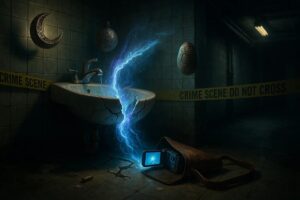 Eine alte, rissige Waschbeckeninstallation in einem düsteren Raum, durch die ein leuchtender Riss aus Energie verläuft, umgeben von „Crime Scene“-Bändern und mysteriösen Ornamenten.