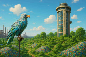 Ein prächtiger Vogel sitzt vor einem modernen Laborgebäude inmitten einer grünen Landschaft, mit Müllbergen und alten Industrieanlagen im Hintergrund.