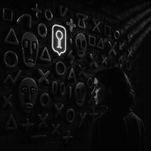 Frau betrachtet eine Wand voller leuchtender Symbole und Masken in einer düsteren Umgebung. Ein hervorgehobenes Symbol erinnert an ein Schlüsselloch.
