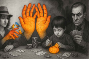 Surreales Kartenspiel mit leuchtenden Händen, bunten Vögeln, einem Kind, das auf einem goldenen Spielstein zeichnet, und ernsten Erwachsenen an einem Pokertisch.
