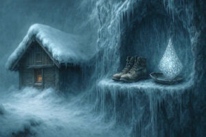 Ein verschneites Holzhaus im Nebel mit einem Paar alter Stiefel und einer leuchtenden Eiskristallform auf einer vereisten Klippe im Vordergrund.