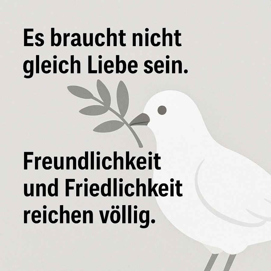 Ein Meme mit dem Text: "Es braucht nicht gleich Liebe sein. Freundlichkeit und Friedlichkeit reichen völlig." Im Hingrund eine Weise Taube mit einem Ölzweig im Schnabel.