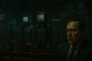 Ein Mann schwitzt panisch in einem dunklen Saal, umgeben von Menschen mit alten Fernsehern als Köpfe.